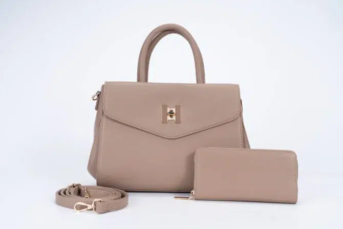 Set of Small Classic Leather Handbag with Wallet - Beige